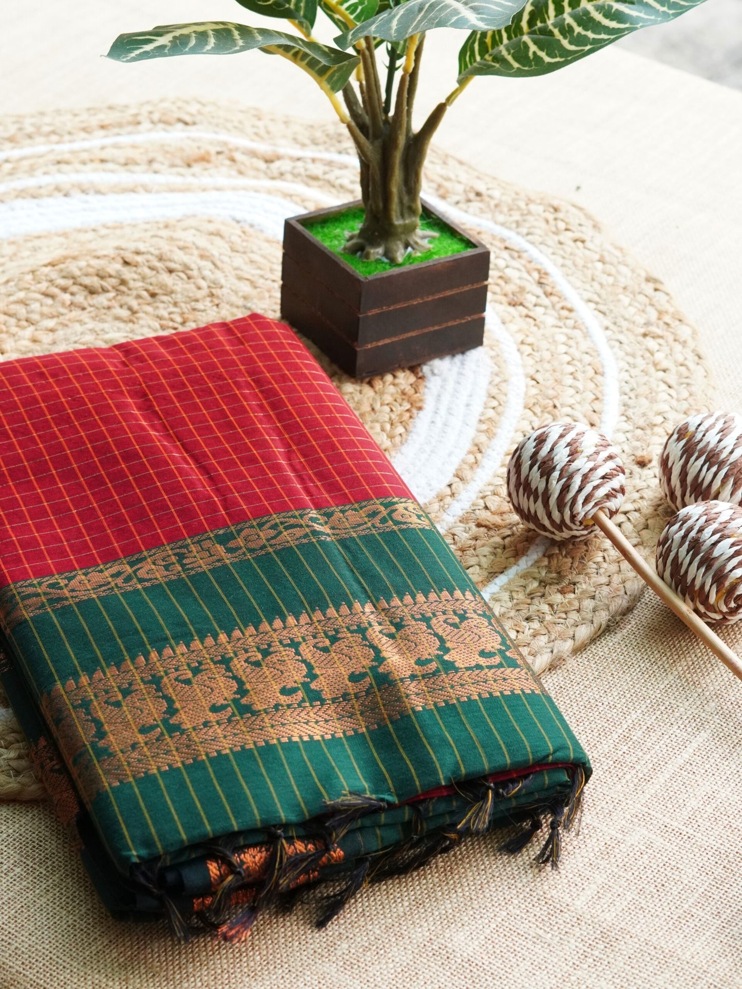 Red checked Kalyani cotton sarees with a green border