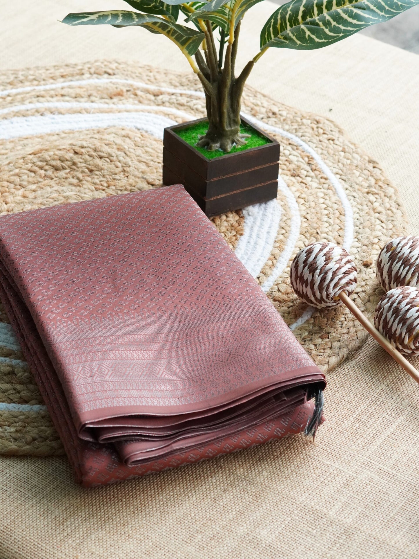 Copper brown semi-silk saree with silver zari