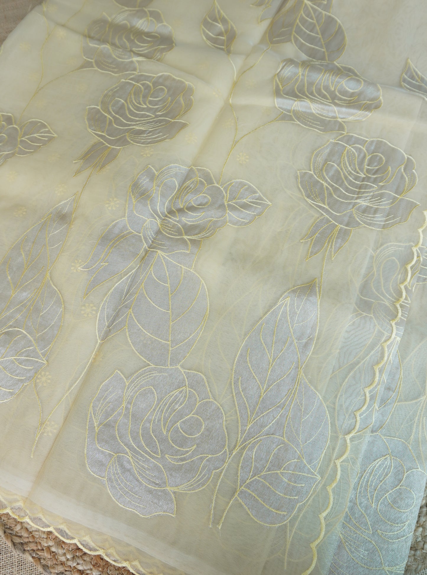 Pastel Yellow Elegant Organza Saree with Exquisite Appliqué Work