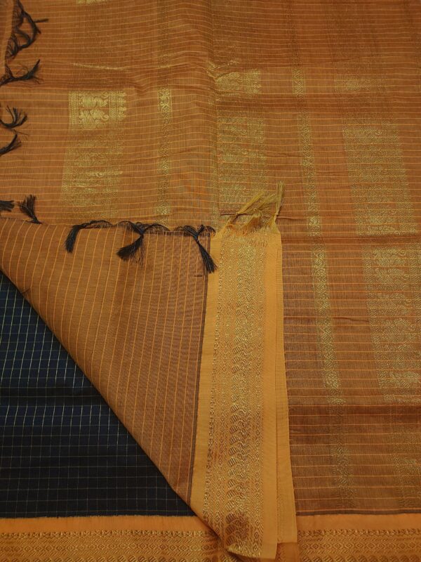 Black checked Kalyani cotton sarees with a yellow border
