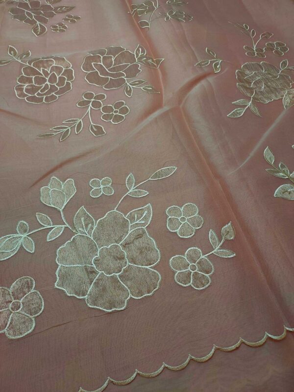 Peach Color Organza Saree with Tissue Appliqué Work
