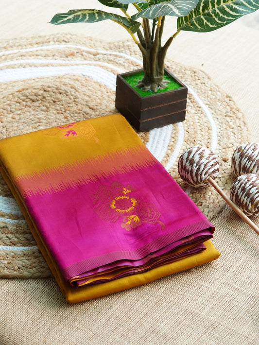 Yellow Color Semi-Silk Saree with Magenta Border