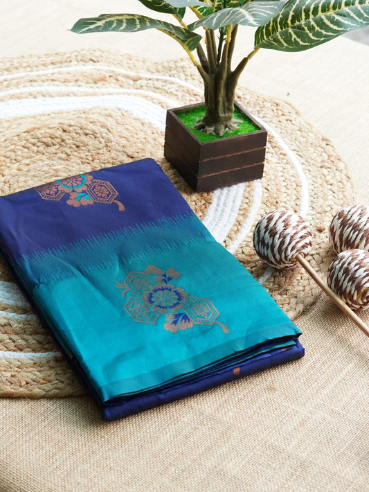 Blue Semi-Silk Saree with Peacock Blue Border