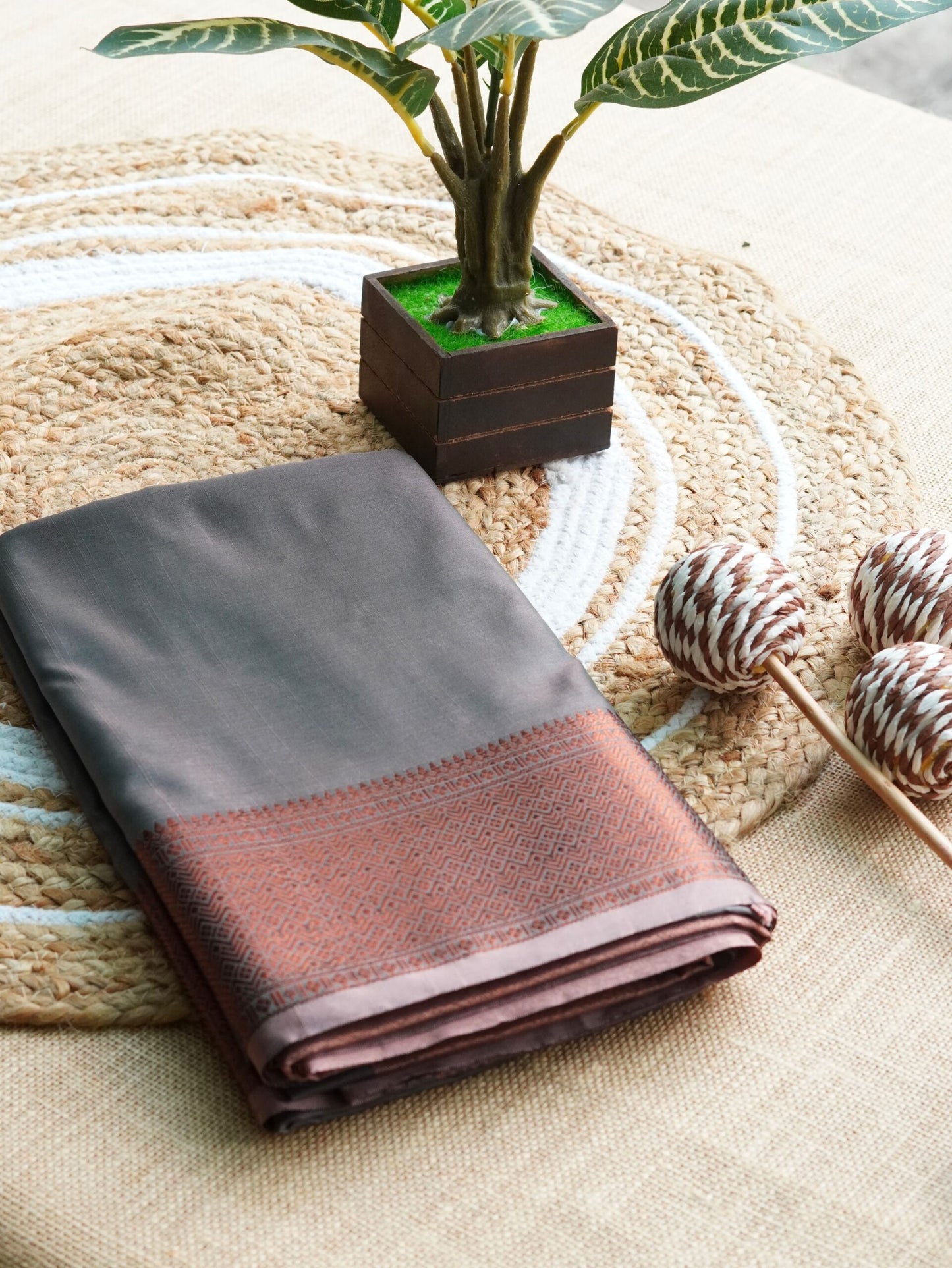 Charcoal Grey Soft Silk Saree with Copper Zari