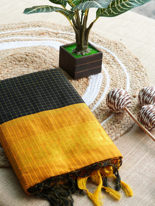 Black checked Kalyani cotton sarees with a yellow border