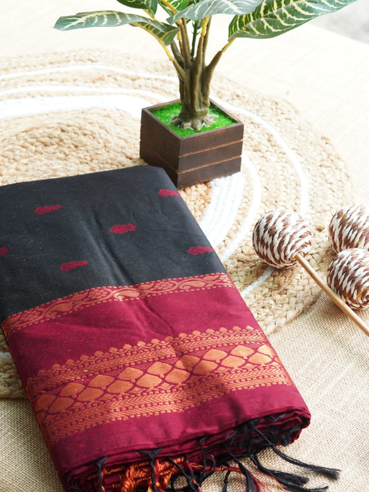 Black Kalyani cotton sarees with red border