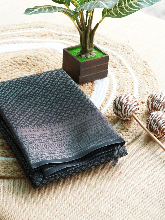 black semi-silk saree with silver zari