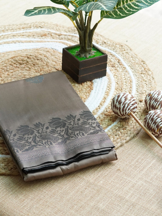 Taupe Brown Saree with Black Floral Border