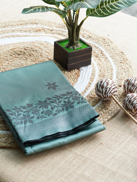Pastel Green Saree with Black and silver Floral Border