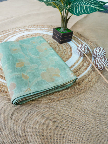 Premium Tussar Silk Pastel Green Saree with Golden Zari