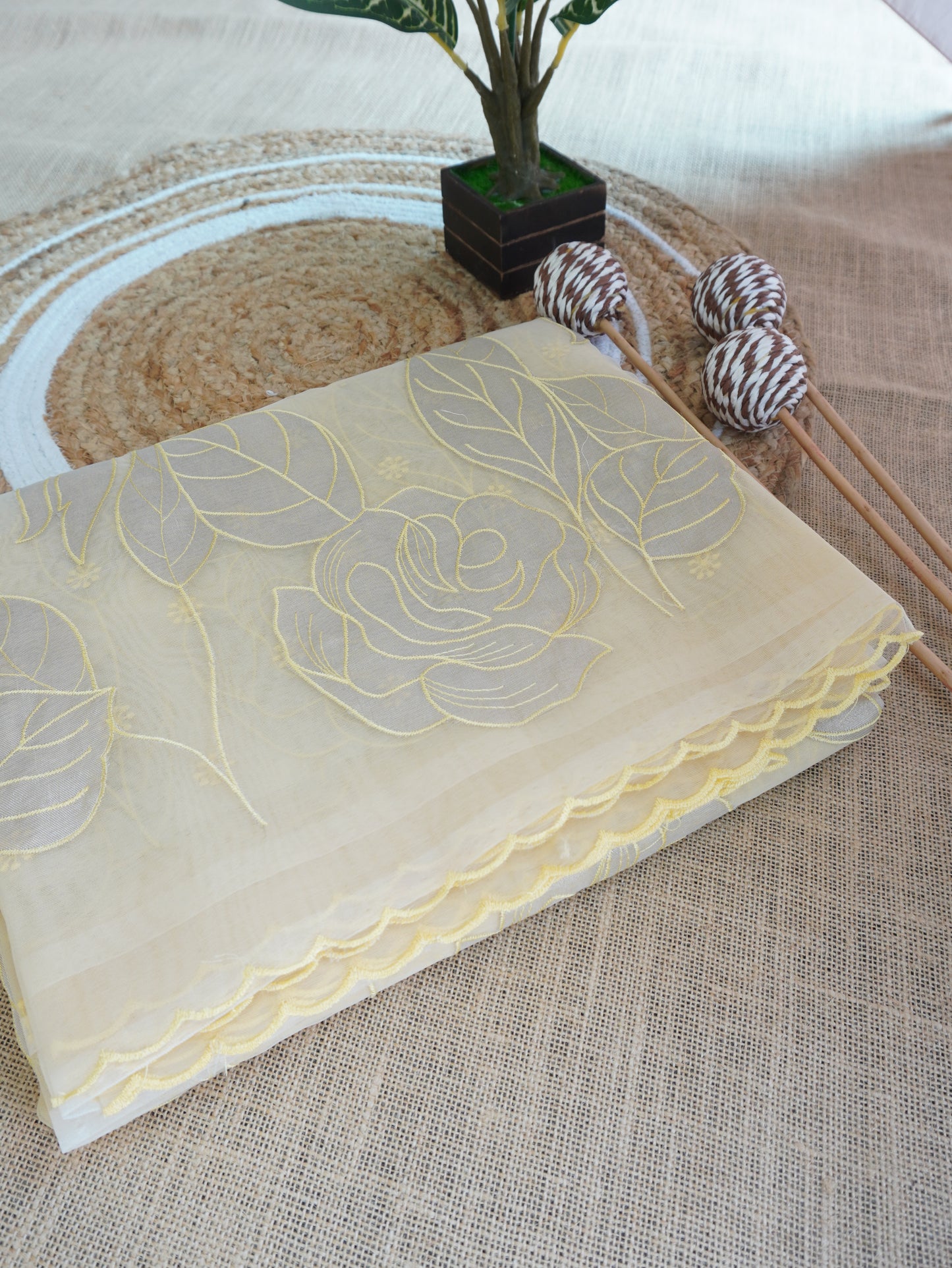 Pastel Yellow Elegant Organza Saree with Exquisite Appliqué Work