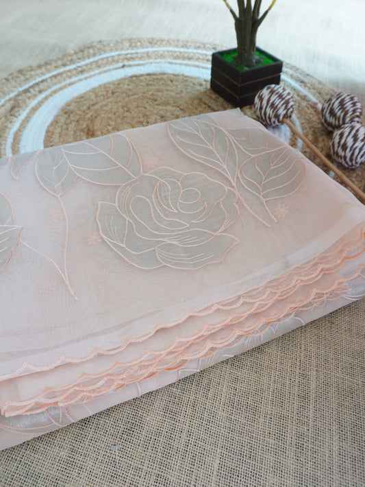 Pastel Pink Elegant Organza Saree with Exquisite Appliqué Work