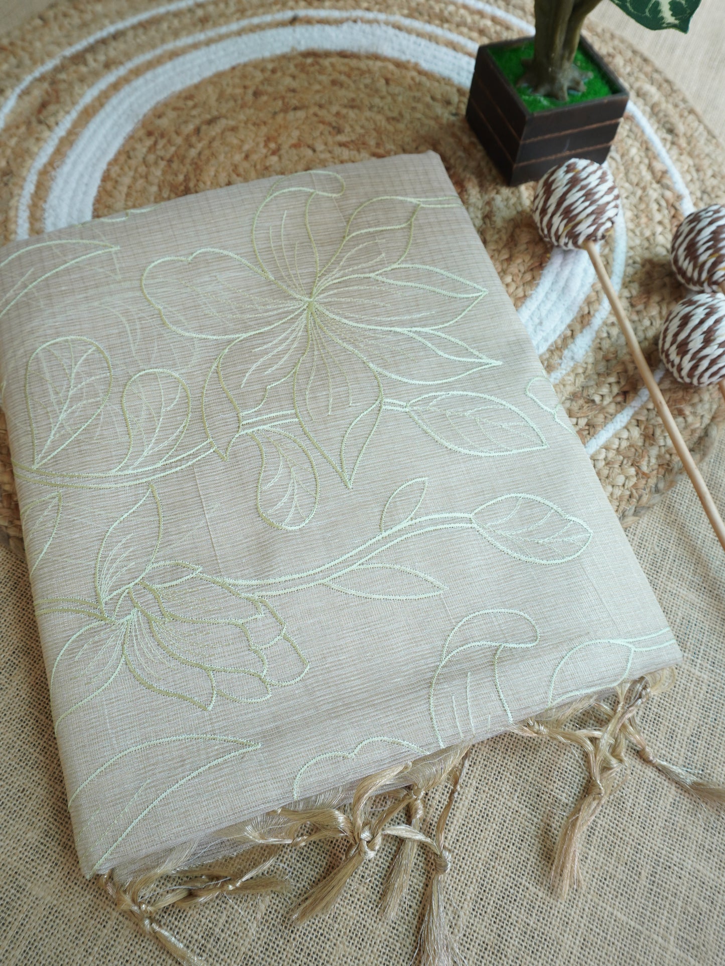 Ivory Kota Tissue Saree with Floral Thread Work