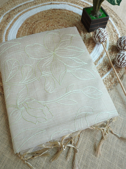 Ivory Kota Tissue Saree with Floral Thread Work