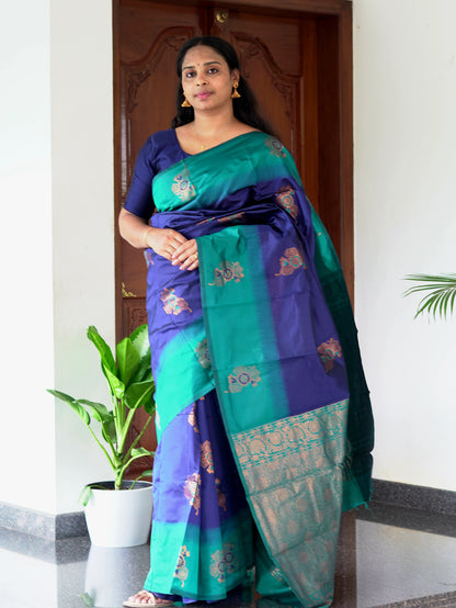 Blue Semi-Silk Saree with Peacock Blue Border