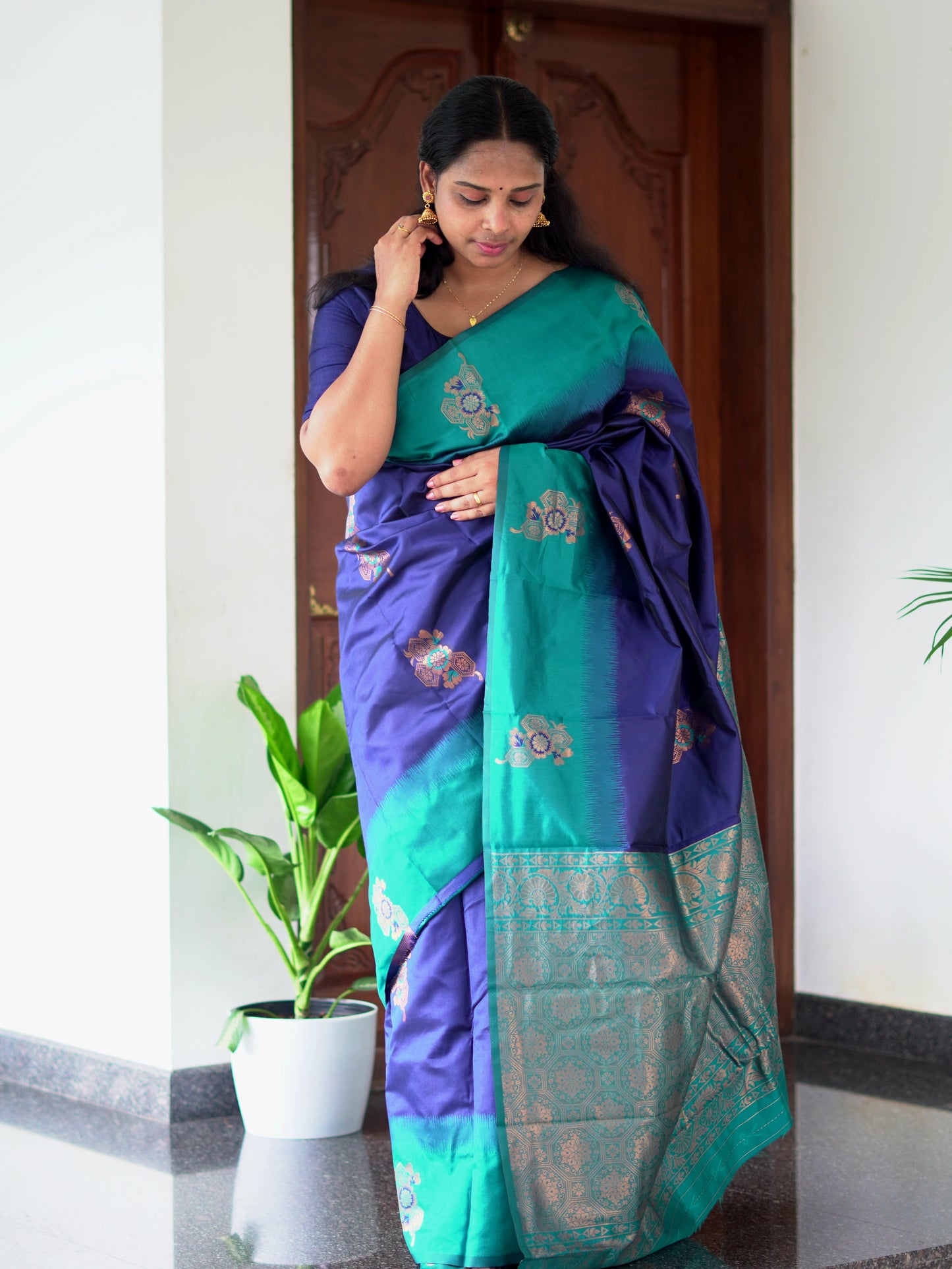 Blue Semi-Silk Saree with Peacock Blue Border