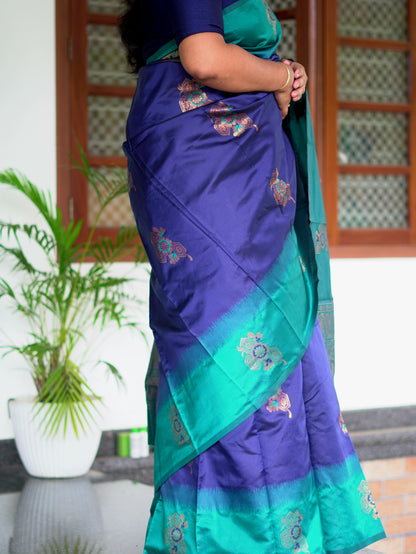 Blue Semi-Silk Saree with Peacock Blue Border