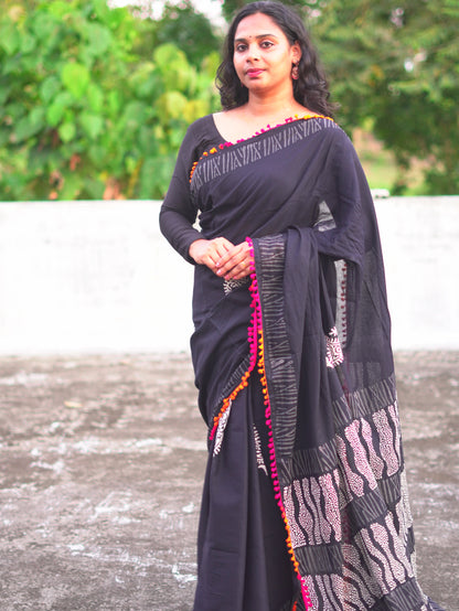 Black Cotton Saree with Pom Pom Detailing