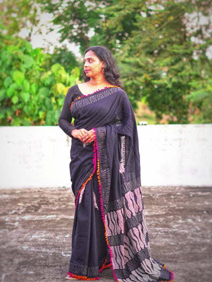 Black Cotton Saree with Pom Pom Detailing