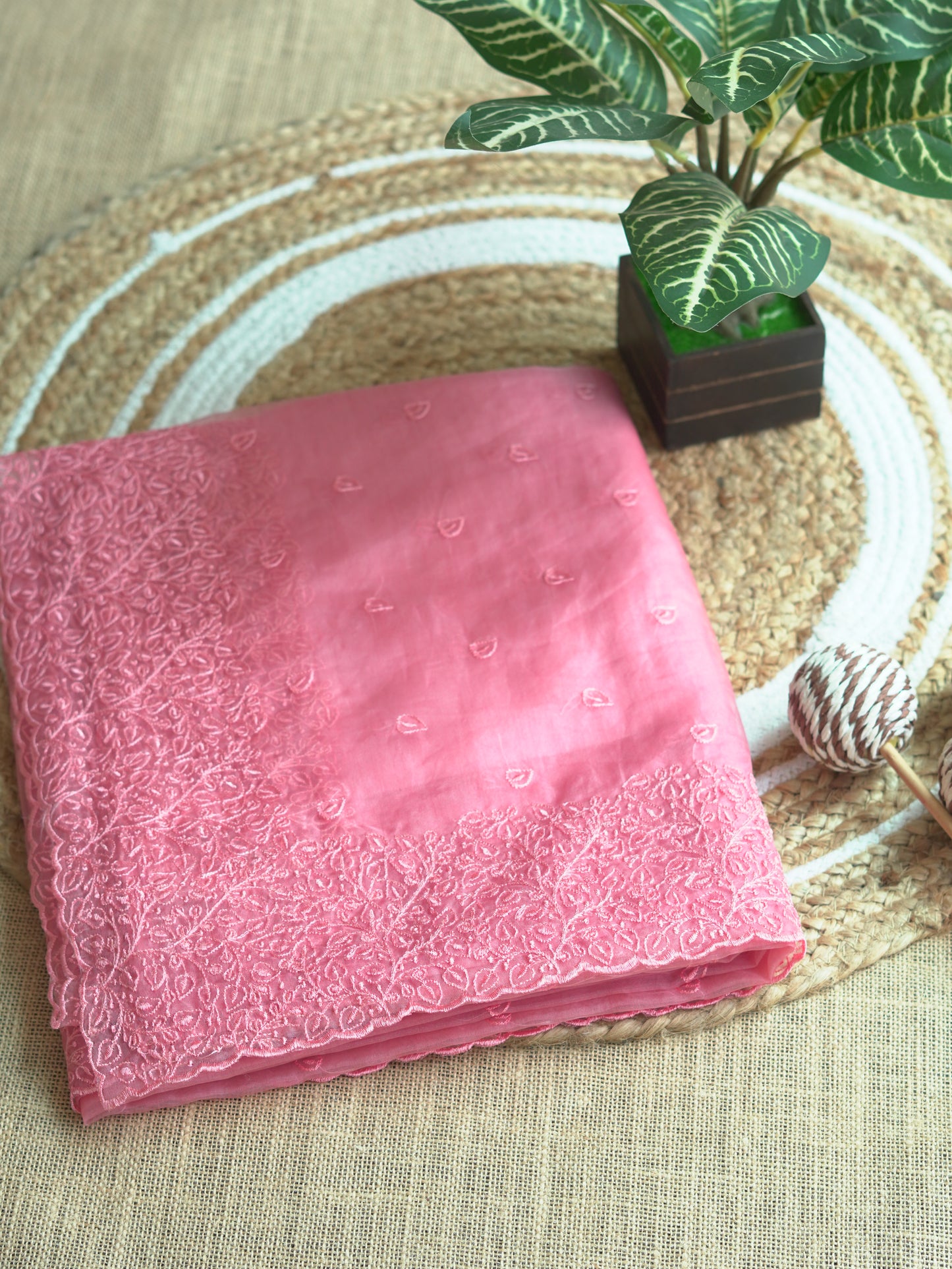 Pink Organza Saree with Delicate Thread Embroidery