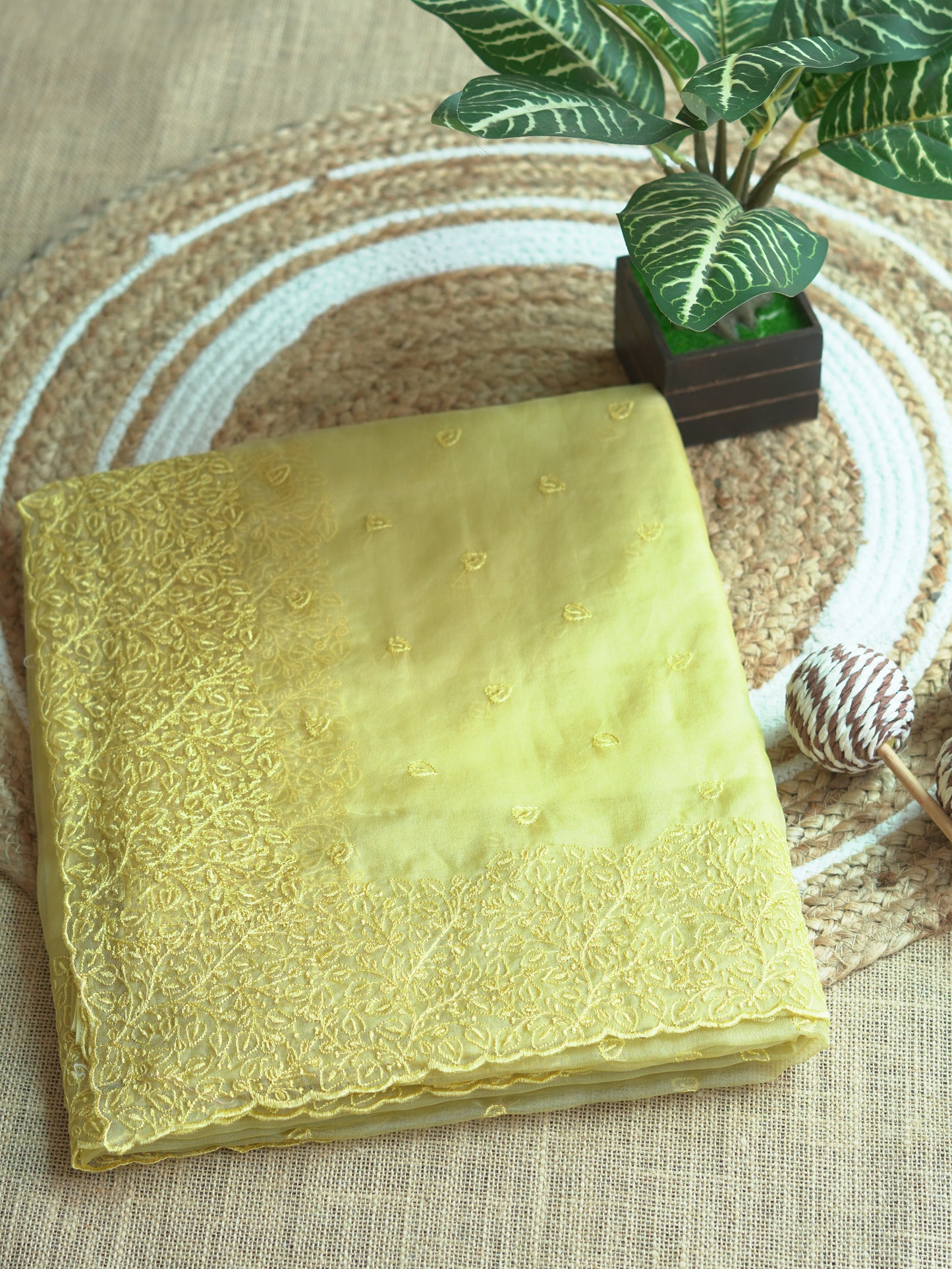 Yellow Organza Saree with Delicate Thread Embroidery