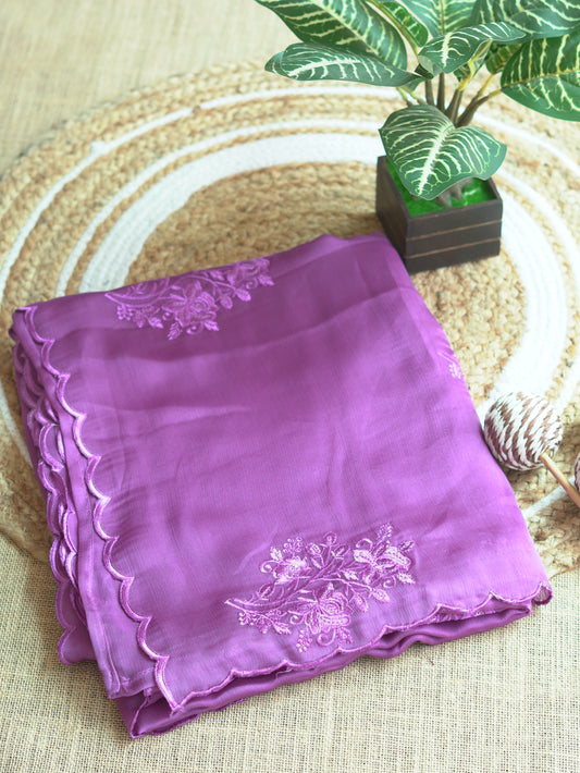 Purple Shimmer Chiffon Saree with Thread Work