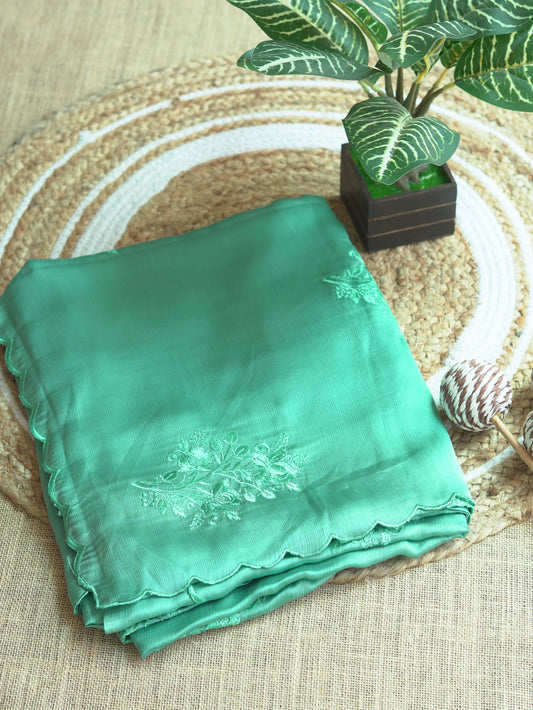 Aqua Green Shimmer Chiffon Saree with Thread Work