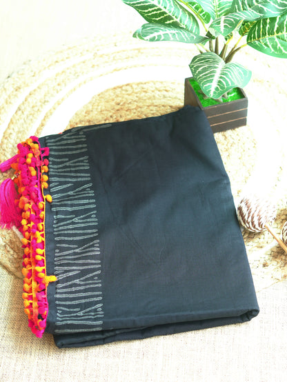 Black Cotton Saree with Pom Pom Detailing