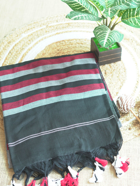 Black, Maroon & Grey Khadi Cotton Saree