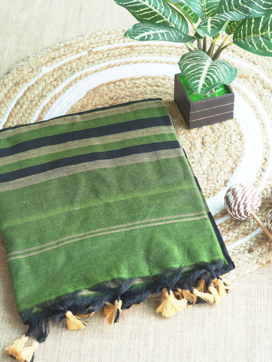 Black, Olive Green & Yellow Khadi Cotton Saree
