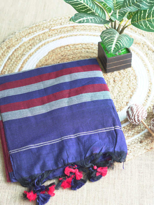 Deep Violet, Maroon & Grey Khadi Cotton Saree