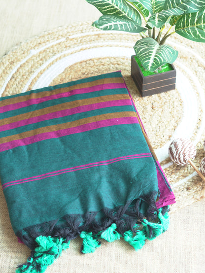 Deep Green, Magenta & Bronze Khadi Cotton Saree