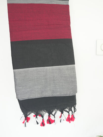 Black, Maroon & Grey Khadi Cotton Saree