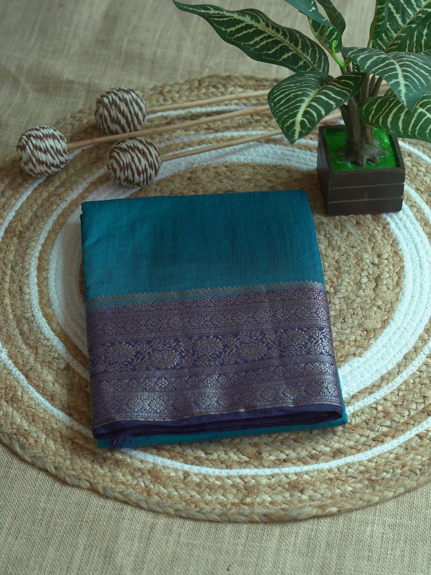 Peacock Blue Semi Jute Silk Saree with Royal Blue Border