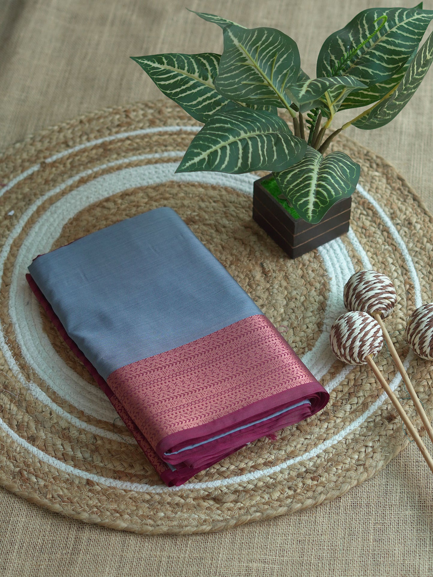 Dusty Blue Soft Silk Saree with Maroon Border