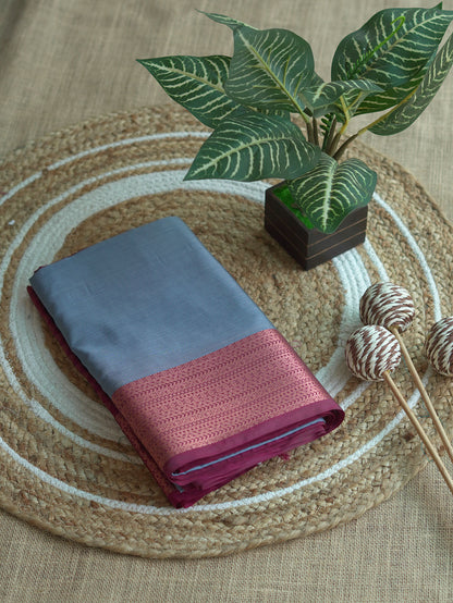 Dusty Blue Soft Silk Saree with Maroon Border