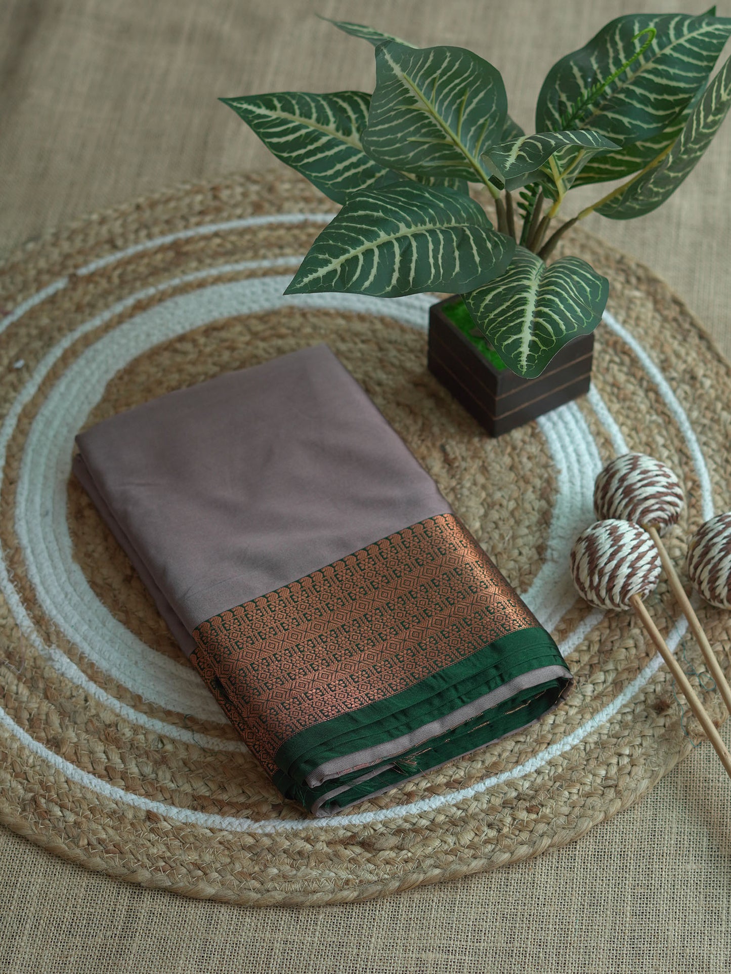 Grey Soft Silk Saree with Bottle Green Border