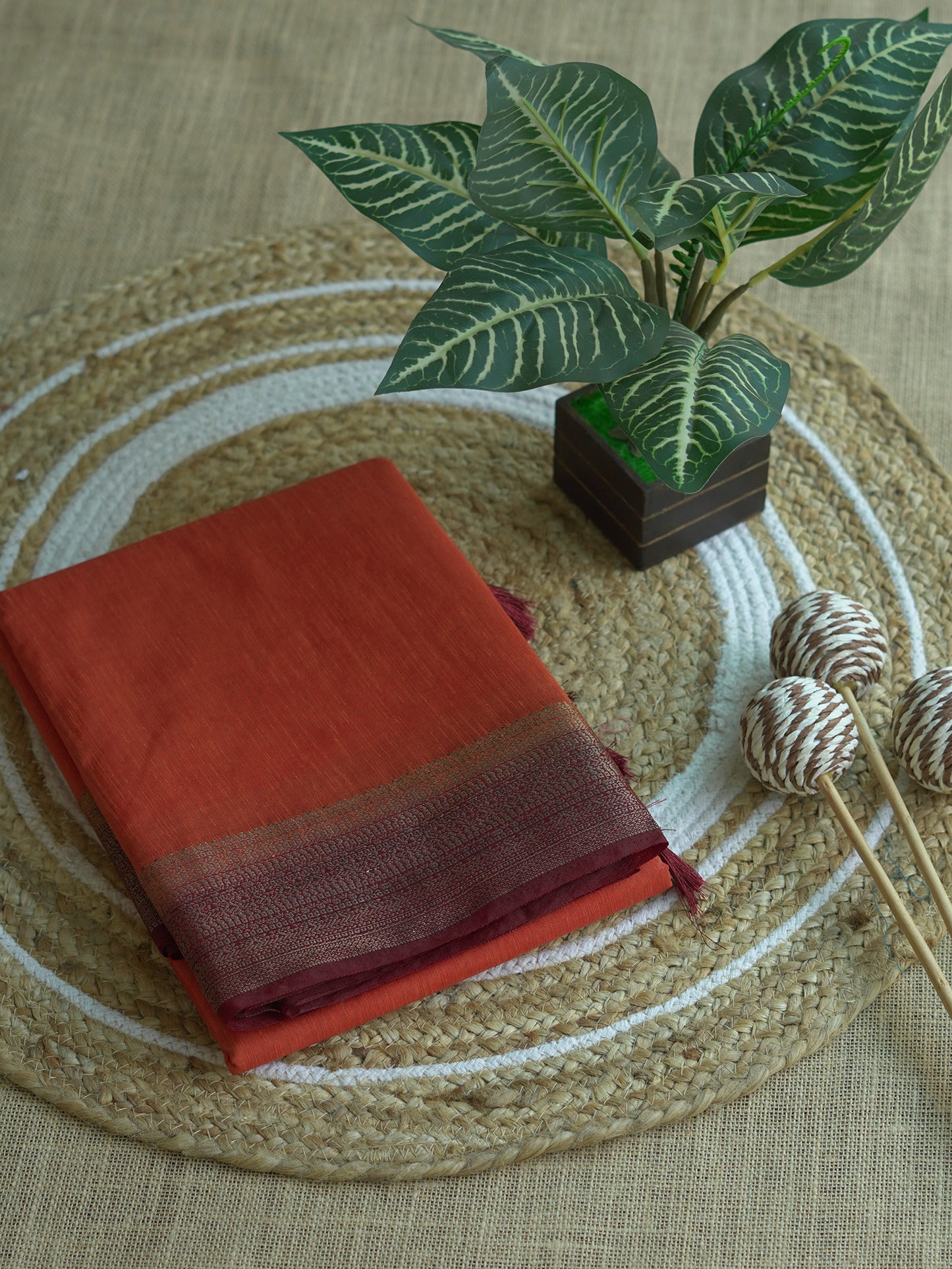 Burnt Orange Semi Jute Silk Saree with Brown Border