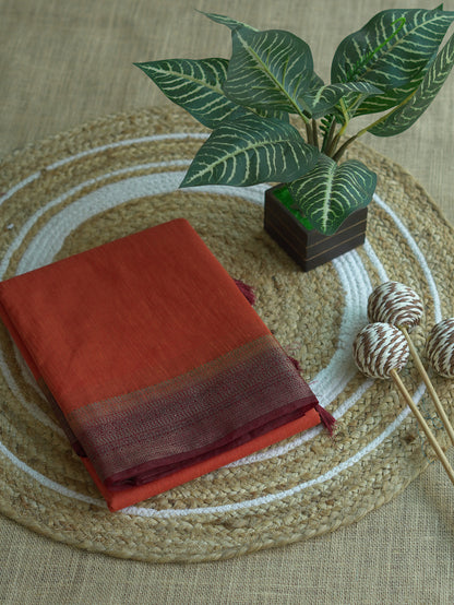 Burnt Orange Semi Jute Silk Saree with Brown Border