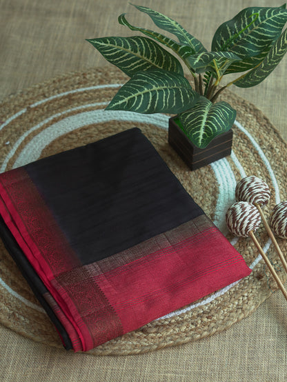 Black Semi Jute Silk Saree with Red Border