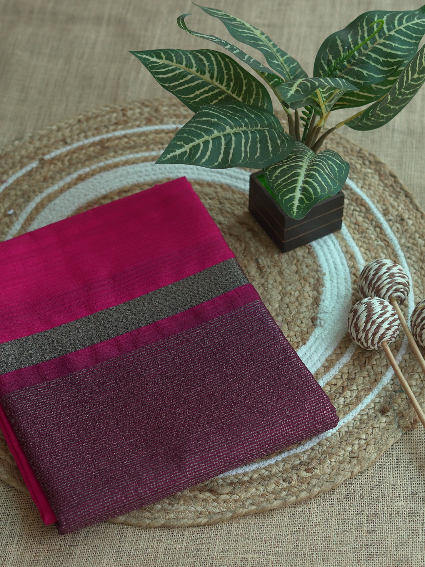 Rani Pink Semi Jute Silk Saree with Wine Border