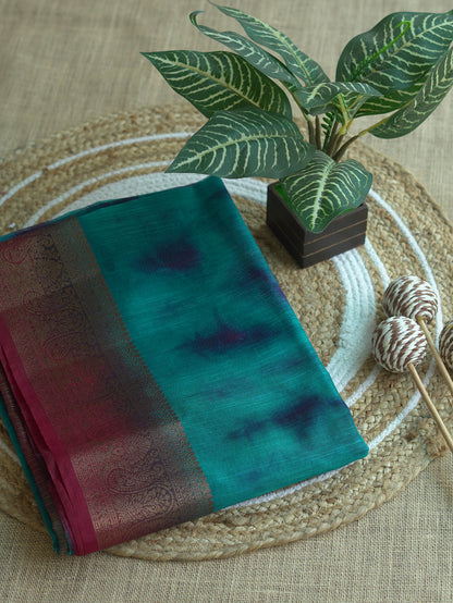 Peacock Blue Semi Jute Silk Saree with Wine Border