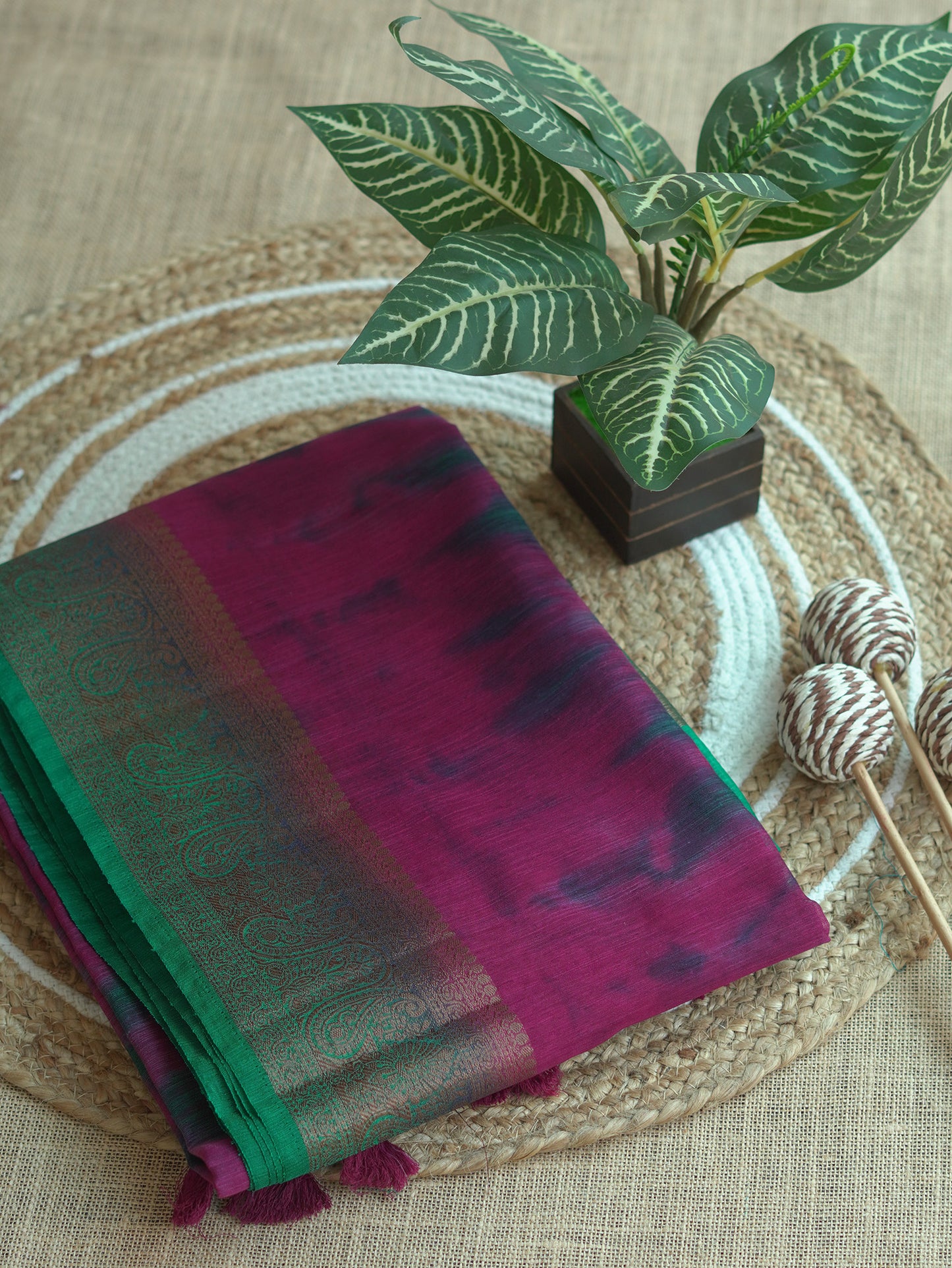 Magenta Semi Jute Silk Saree with Green Border