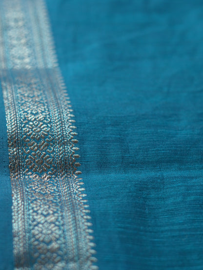 Peacock Blue Semi Jute Silk Saree with Royal Blue Border