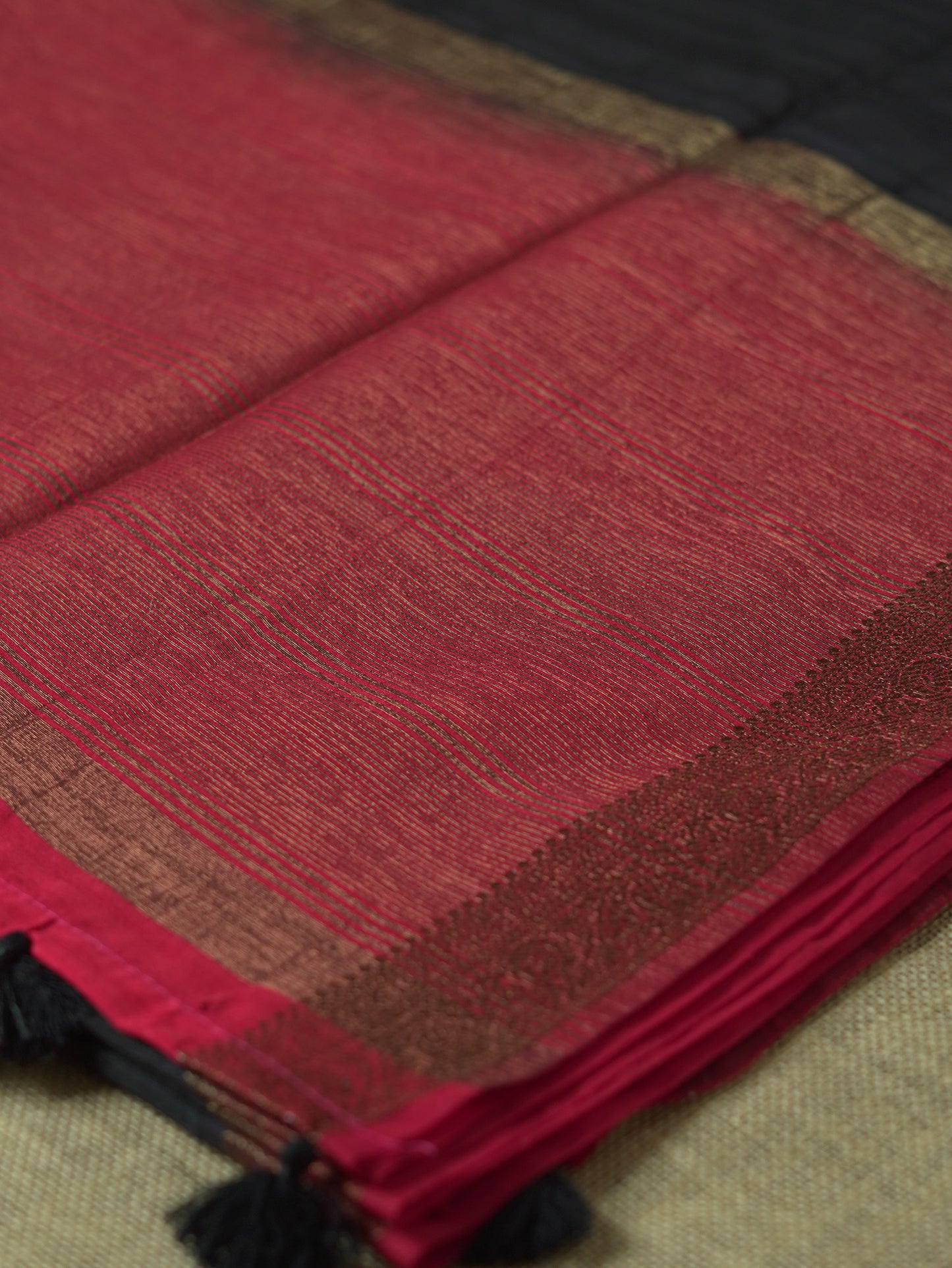 Black Semi Jute Silk Saree with Red Border