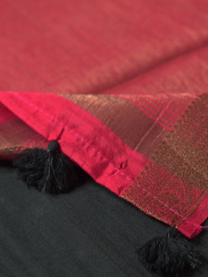 Black Semi Jute Silk Saree with Red Border