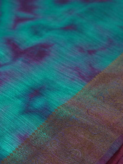 Peacock Blue Semi Jute Silk Saree with Wine Border