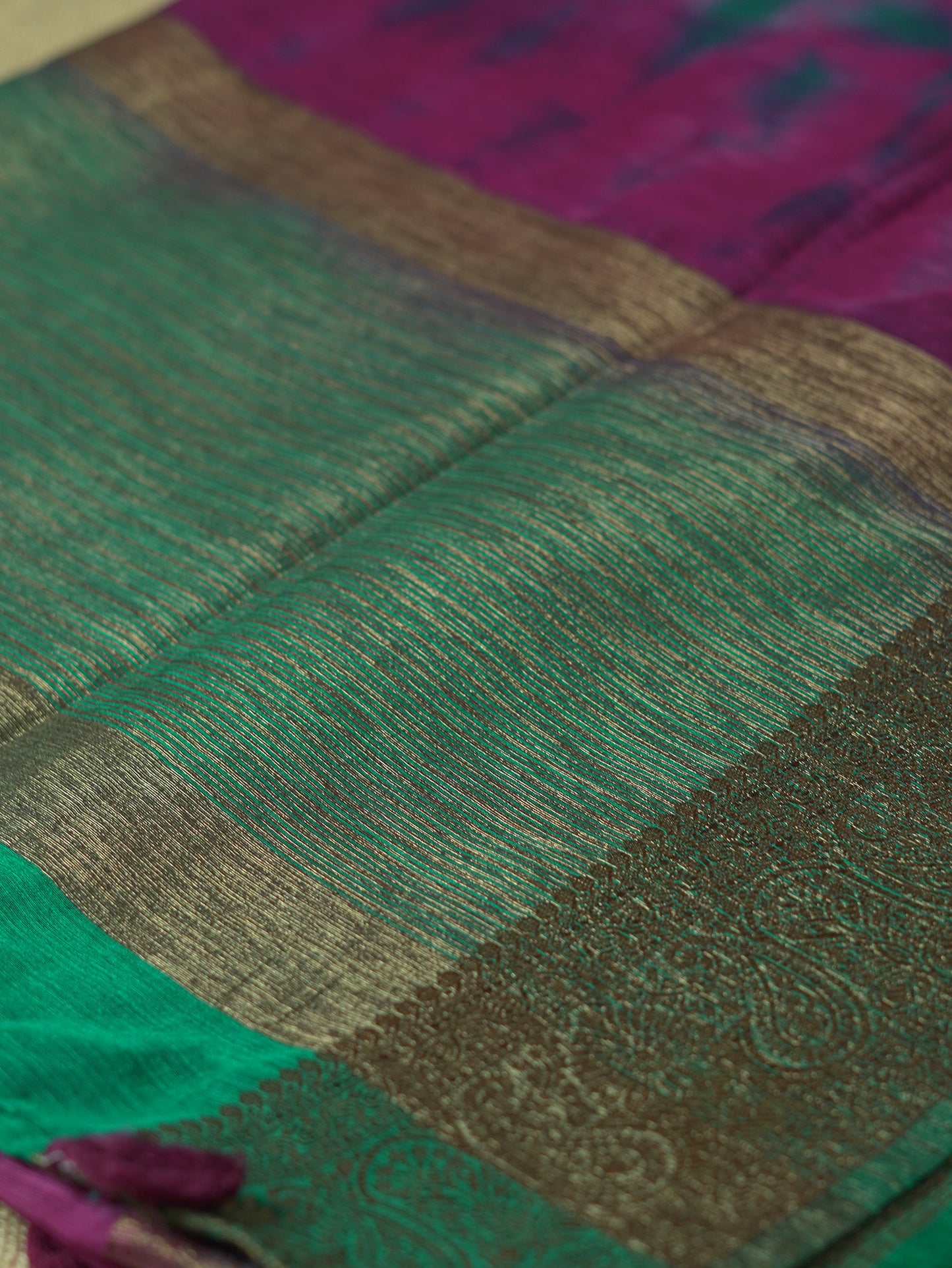 Magenta Semi Jute Silk Saree with Green Border