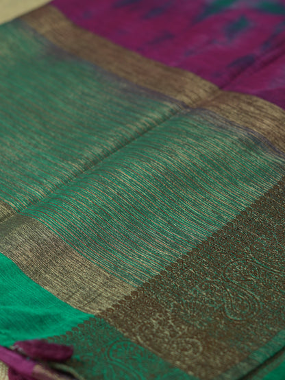 Magenta Semi Jute Silk Saree with Green Border