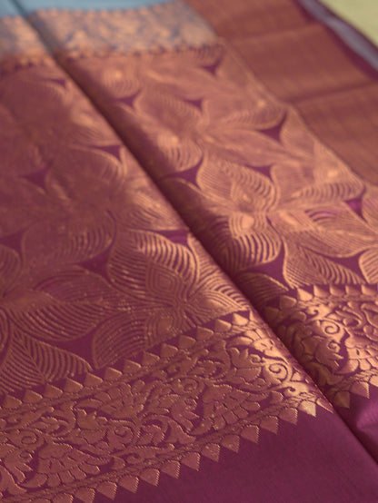 Dusty Blue Soft Silk Saree with Maroon Border